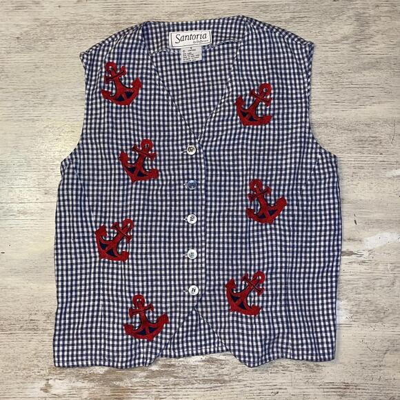 Unique Vintage Tops - EUC Vintage 90s Santoria Blue Gingham Anchor Embroidered Cotton Linen Vest Small